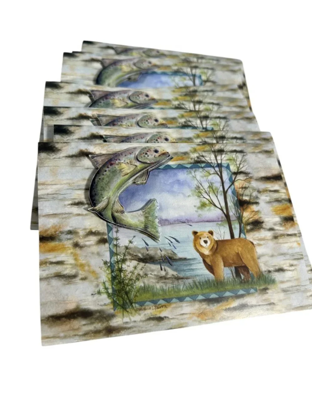 Creative Papers Salmon Lodge 9 Blank Notecards 3D Fish Bear Wildlife Box